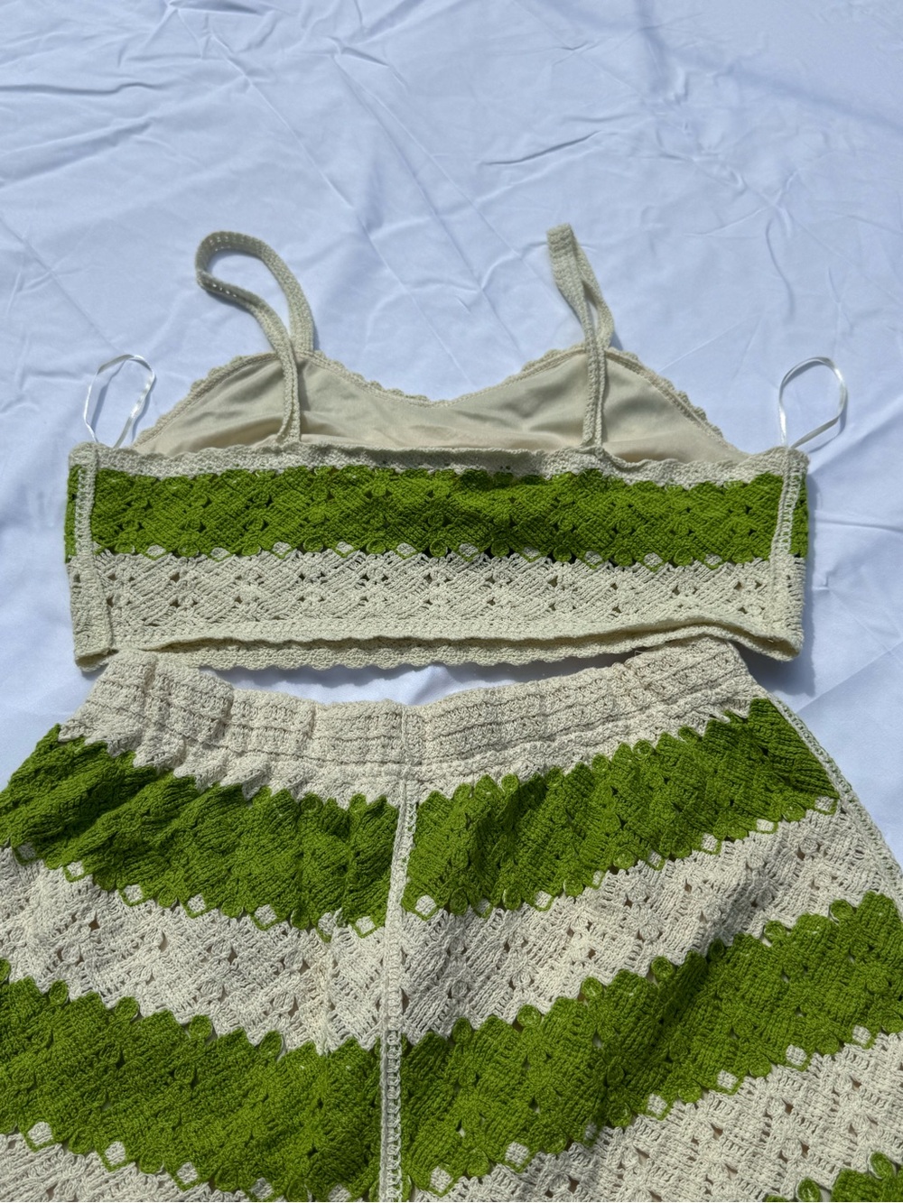 Rebellion Again M Crochet Knit Two Pc Set Green Cream Boho Festival Lounge NWOT - Picture 5 of 8